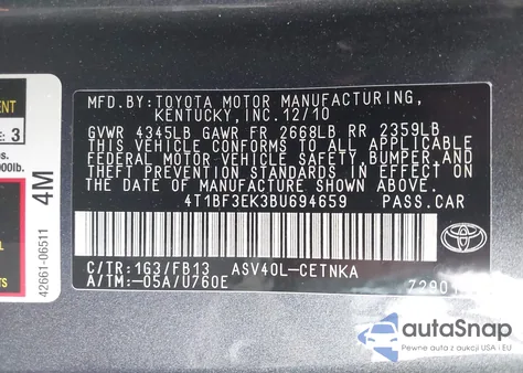 2011 Toyota Camry Le from USA, damaged, VIN 4T1BF3EK3BU694659